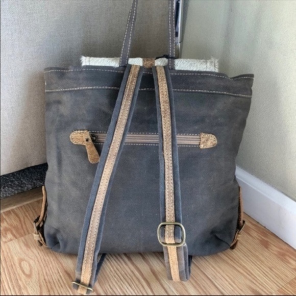 Myra Bag Grizzle Cowhide & Upcycled Canvas Backpack - Vintage Western Boho Style, One Size, Ivory/Black/Brown